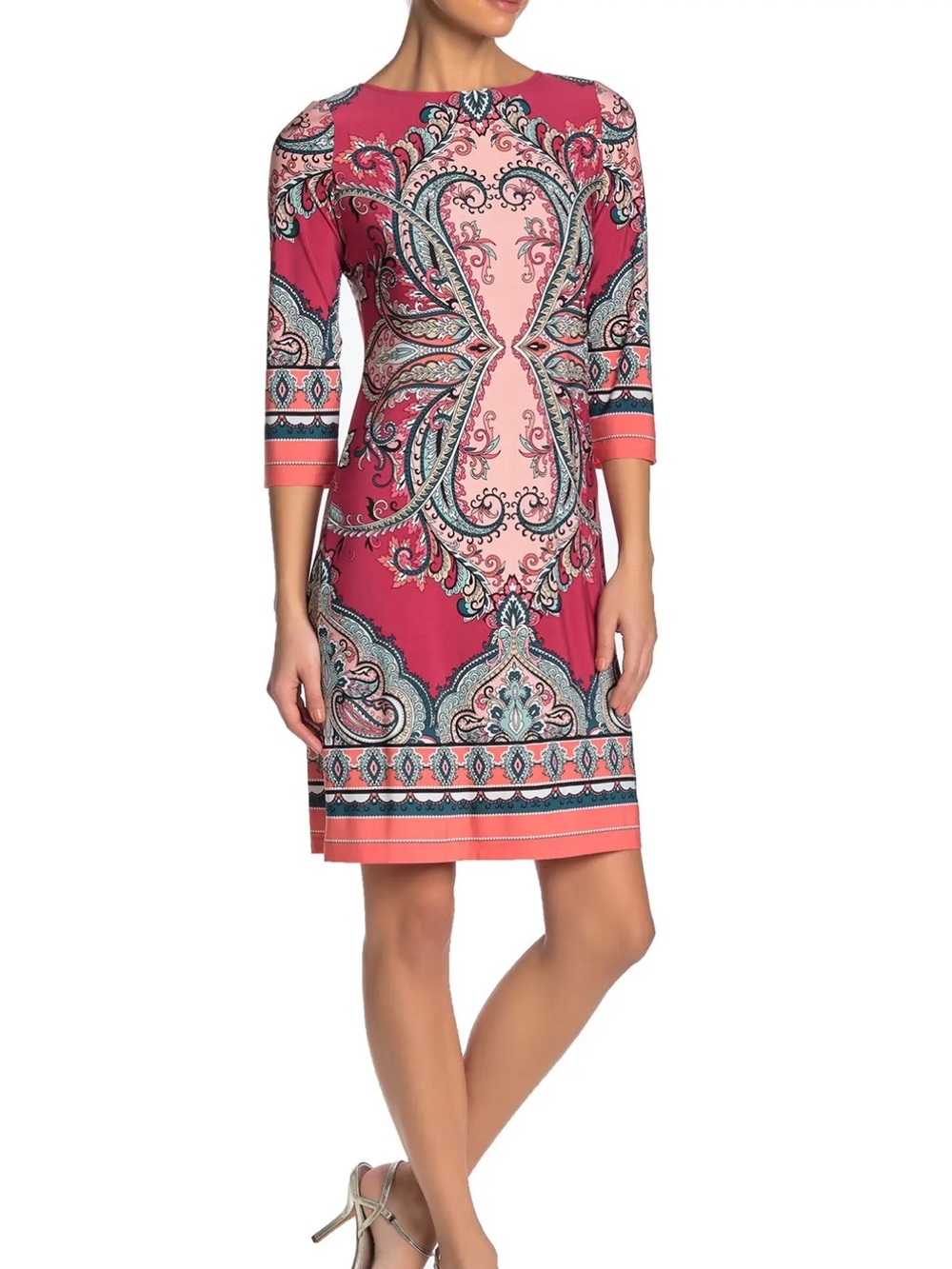 Studio I Red and Blush Paisley-Print Midi Sheath Dress